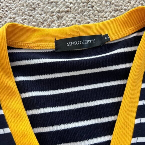 🎀 Buy 2 Get 1 Free Merokeety S Blue Striped Long Cardigan Yellow Preppy Classic - Picture 2 of 6